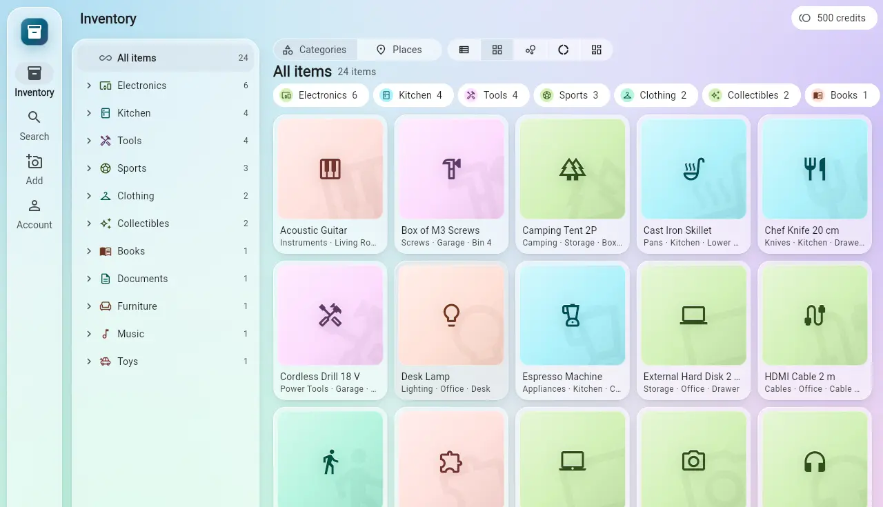 The AInventory app on a computer: a grid of items sorted into categories such as Electronics, Kitchen and Tools