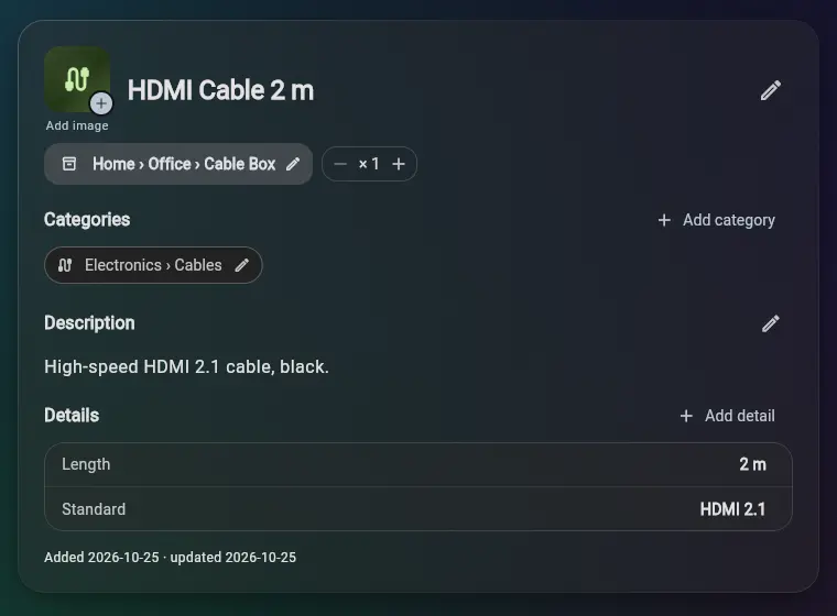 An item in AInventory: HDMI Cable 2 m, in Home › Office › Cable Box, category Electronics › Cables, with details length 2 m and standard HDMI 2.1