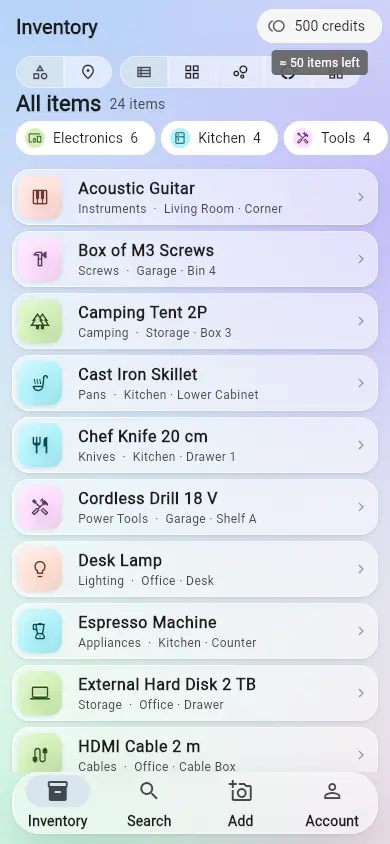 The AInventory app on a phone: a list of items with their category and place